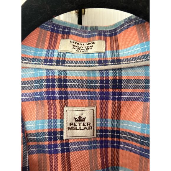 Peter Millar Orange & Blue Plaid Check Button Front Dress Shirt - Picture 4 of 5